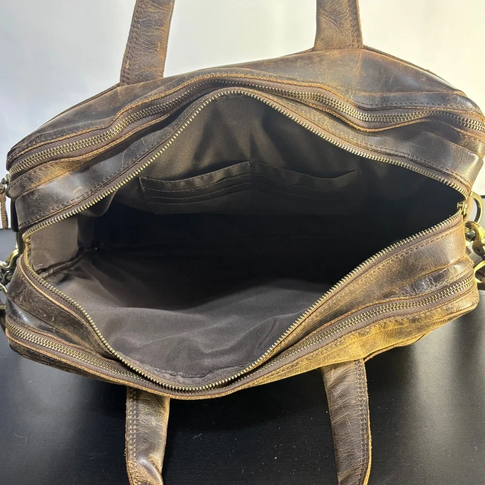 Vintage Leather Crossbody Commuter Bag Briefcase Brown Distressed Mens Large